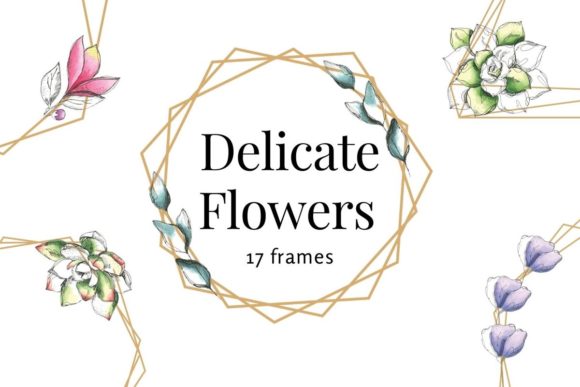 Delicate Flowers Watercolor Floral Frame & Illustrations
