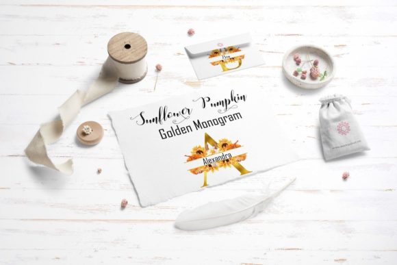 Golden Monogram with Watercolor Flowers Illustrations