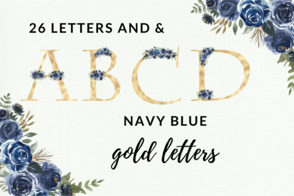 Navy Blue Watercolor Flowers Alphabet Illustrations