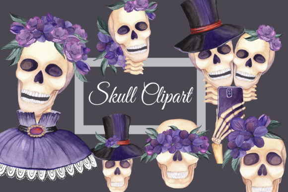 Skull Clipart. Watercolor Skulls Flowers Illustrations