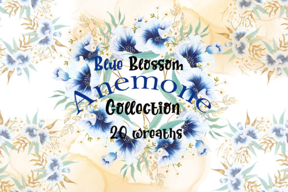 Watercolor Blue Anemone Bloom Wreaths & Illustrations