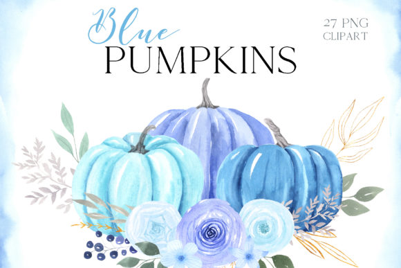 Watercolor Blue Pumpkin Clipart & Illustrations