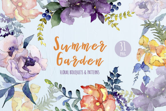 Watercolor Bouquet Summer Garden Illustrations