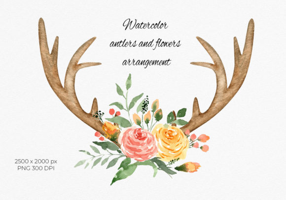 Watercolor Floral Antlers Clipart & Illustrations
