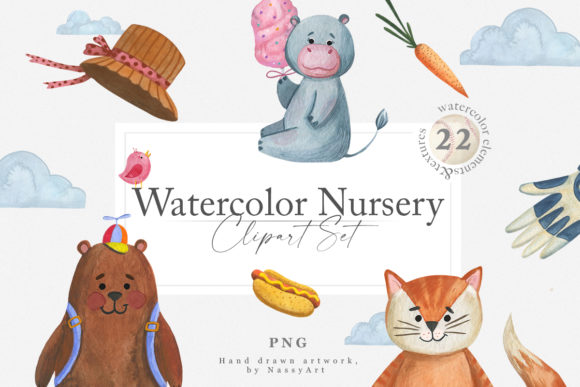 Watercolor Nursery Clipart Animals & Illustrations