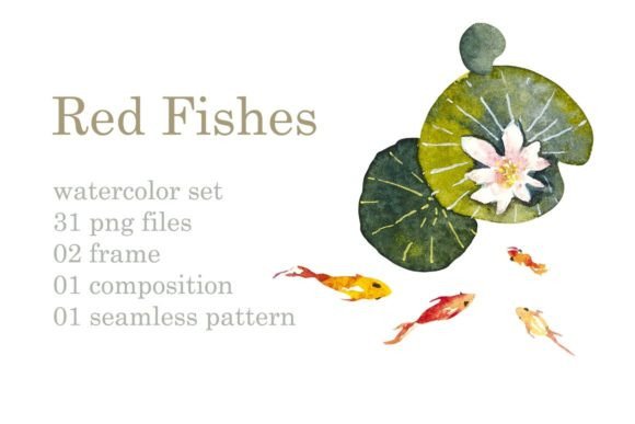Watercolor Pond with Red Fishes Illustrations