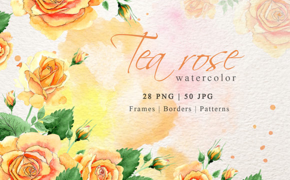 Watercolor Tea Yellow Rose Set Illustrations